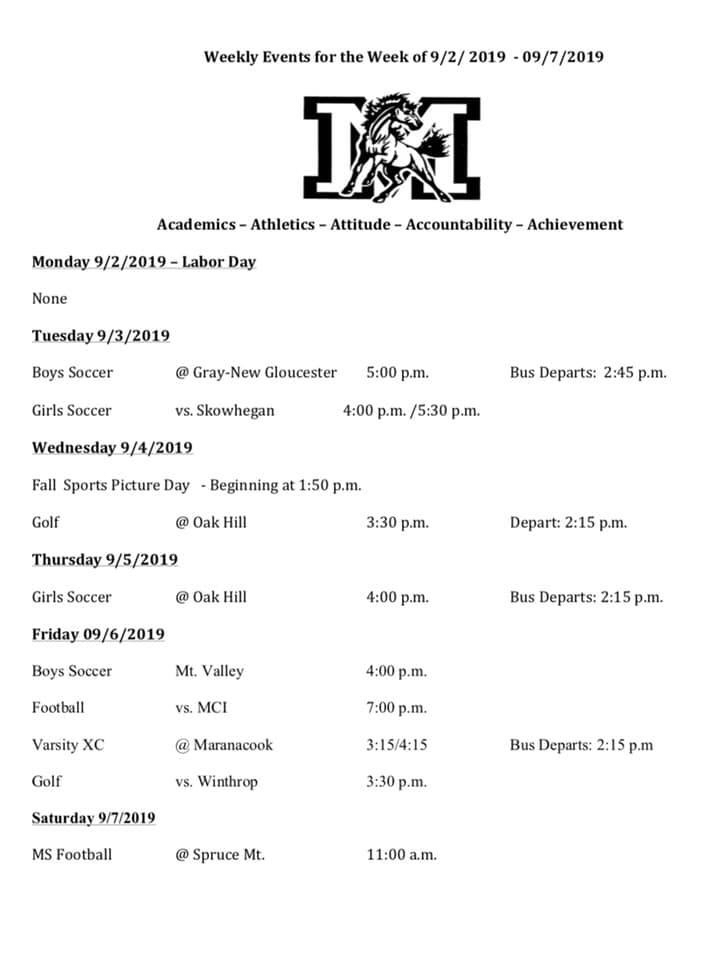 Week of 9/2 Athletic Events